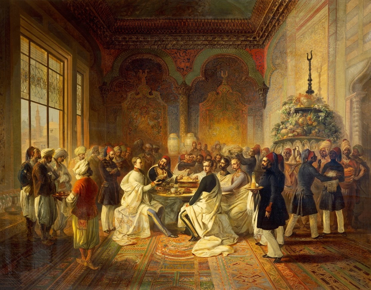 Peter Johann Nepomuk Geiger - Pranzo offerto a Smirne da Halim Pasha, illustrazione da Il viaggio di Massimiliano d'Asburgo e suo fratello Carlo Luigi nel Mediterraneo